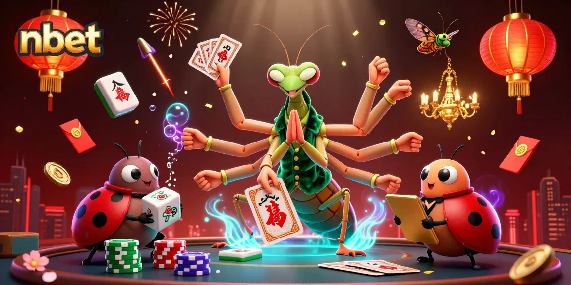 Engage in nbet with a vibrant 3D scene featuring a giant praying mantis card sharp managing an exciting casino atmosphere.