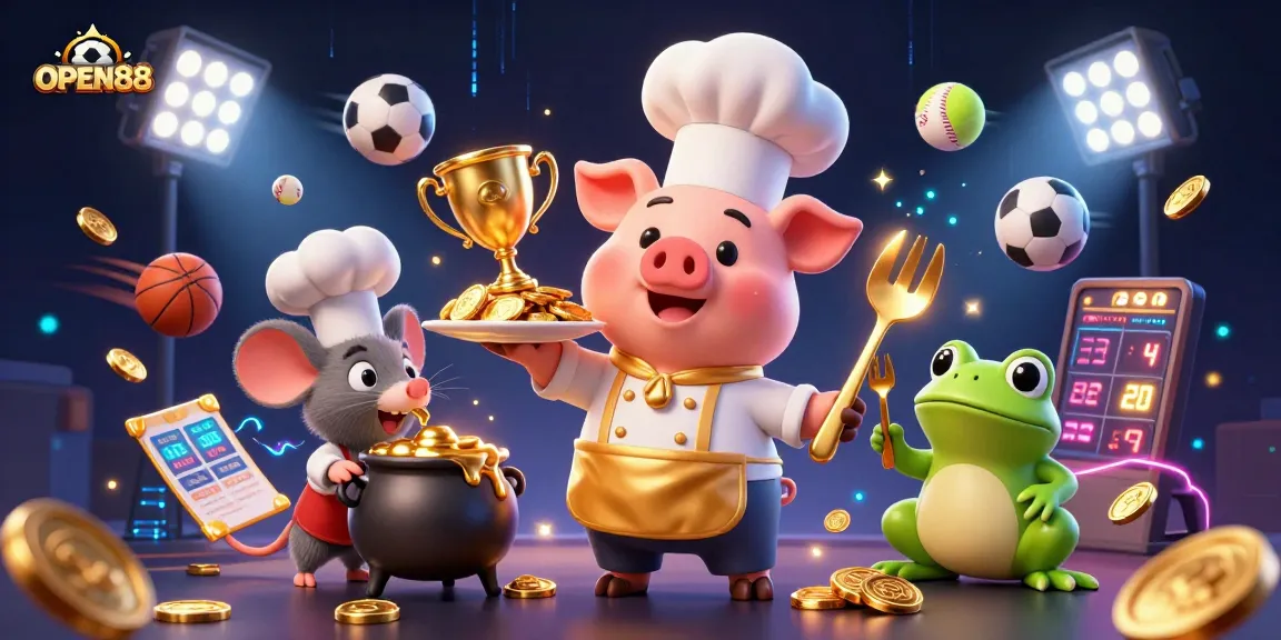Experience the excitement of OPEN88 as a chef pig delights with gold coins in a dynamic casino scene.