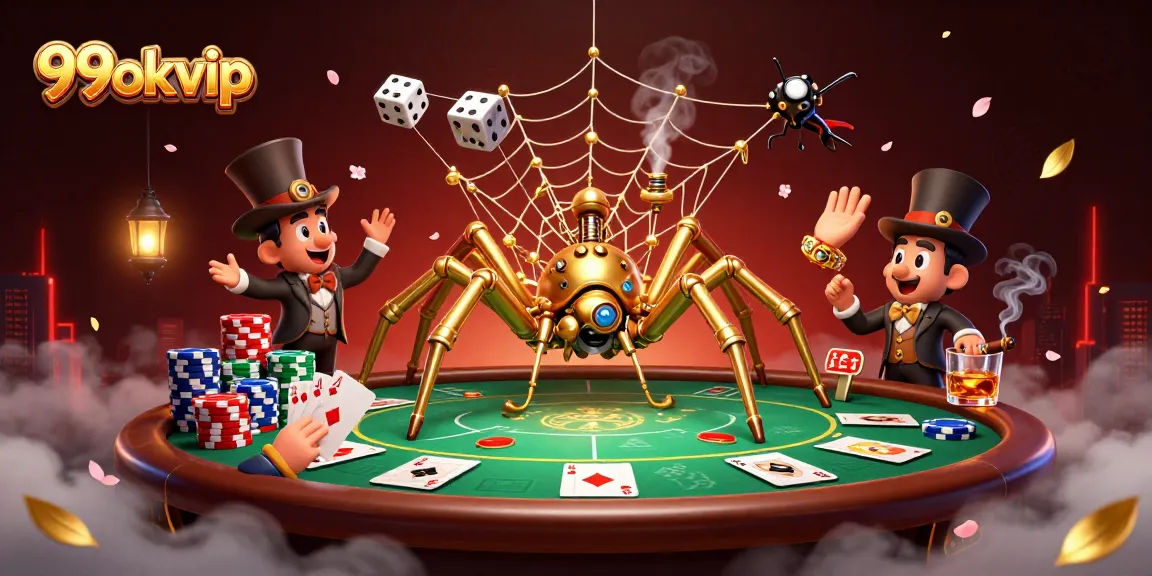Catch the excitement of 99okvip with a golden spider and poker elements in a vibrant casino scene.