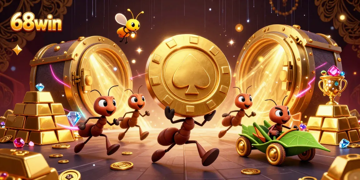 68win showcases a thrilling heist scene with ants carrying a giant poker chip full of treasures.