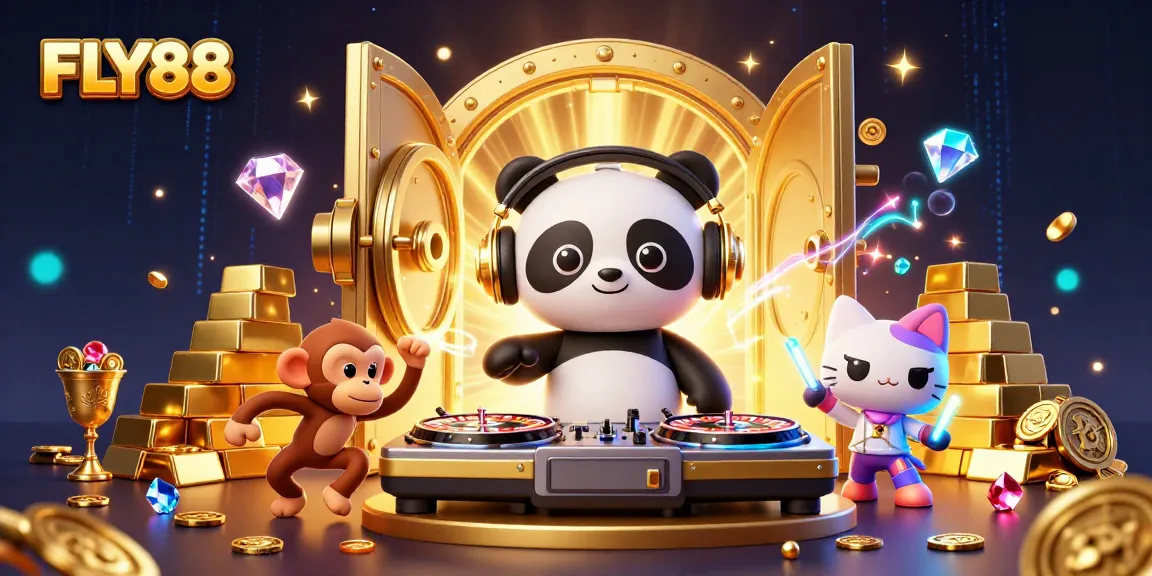 Engage with FLY88, an electrifying casino scene featuring playful characters and gold treasures.