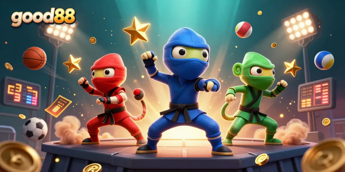 Engage in thrilling action with good88 as ninja chameleons showcase dynamic martial arts moves amidst sports elements.