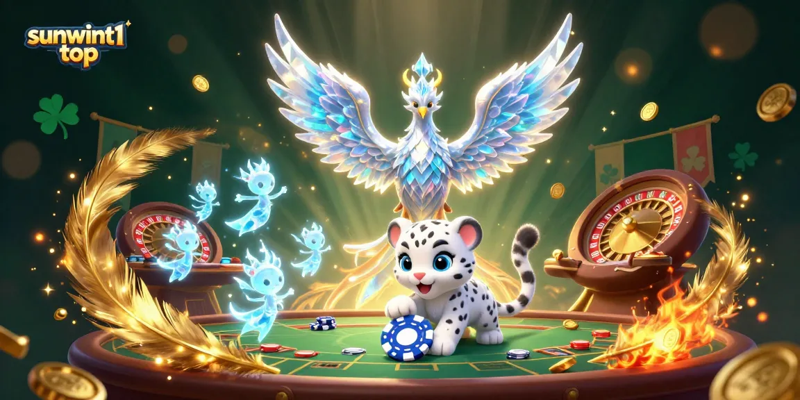 Experience the thrill of winning at sunwint1 top with a vibrant live casino scene featuring a phoenix, snow leopard, and magical sprites.