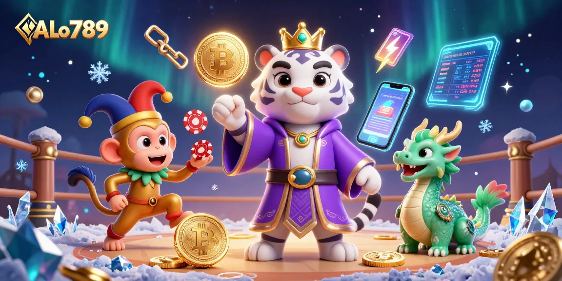 Engage with ALo789 in a vibrant 3D cockfighting scene featuring a majestic tiger, playful monkey, and jade dragon.