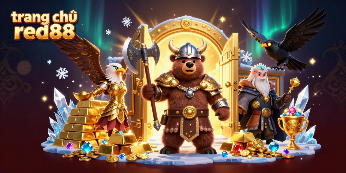 Win big at trang chủ red88 with a vibrant illustration of a Viking bear and Valkyrie eagle amidst treasures.