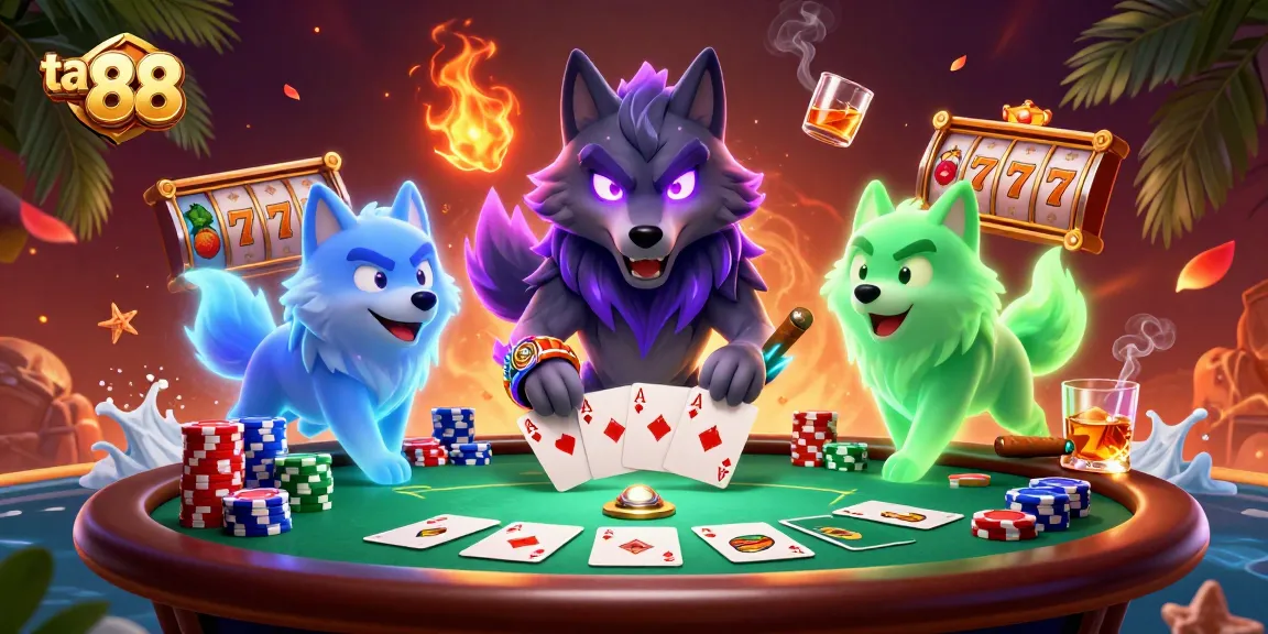 Experience the thrill of ta 88 with glowing wolves, poker chips, and vibrant casino elements.