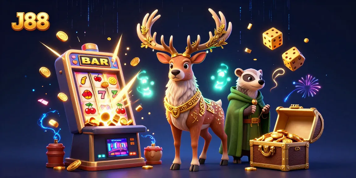 Experience exciting wins at J88 with a vibrant 3D illustration of a fantasy casino scene.