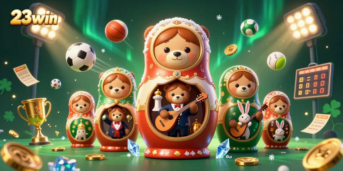 Engage with 23win's vibrant 3D casino illustration featuring unique bears and lively sports elements.