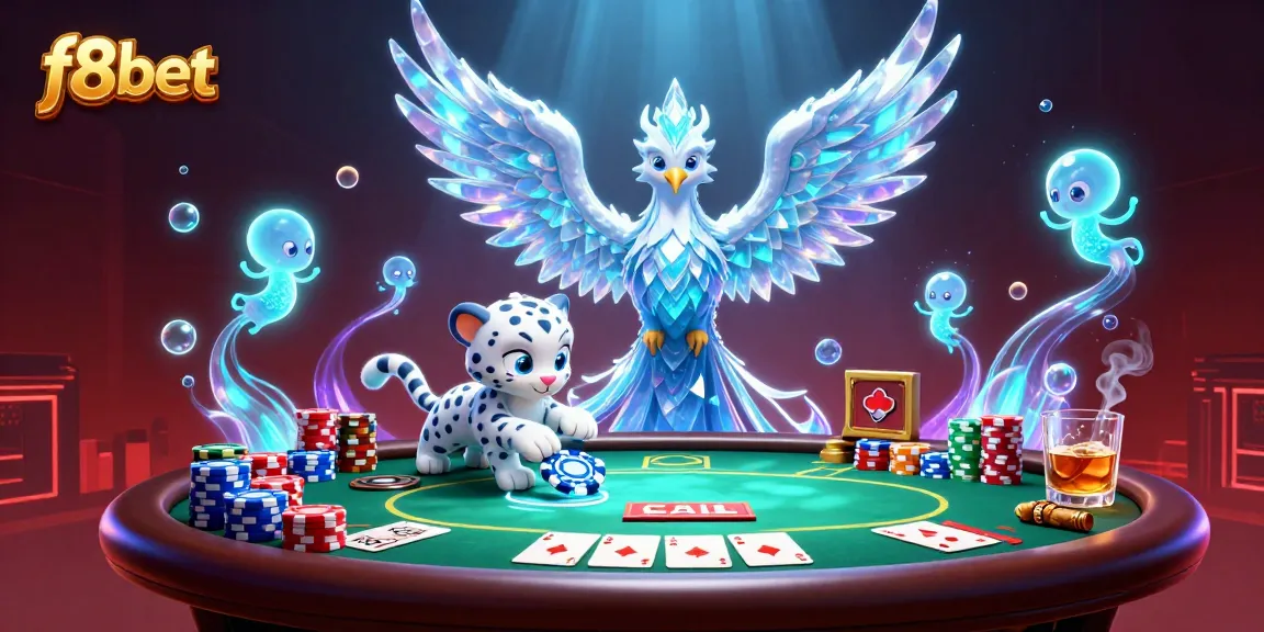 Experience f8bet with a lively illustration of an ice phoenix at a poker table.