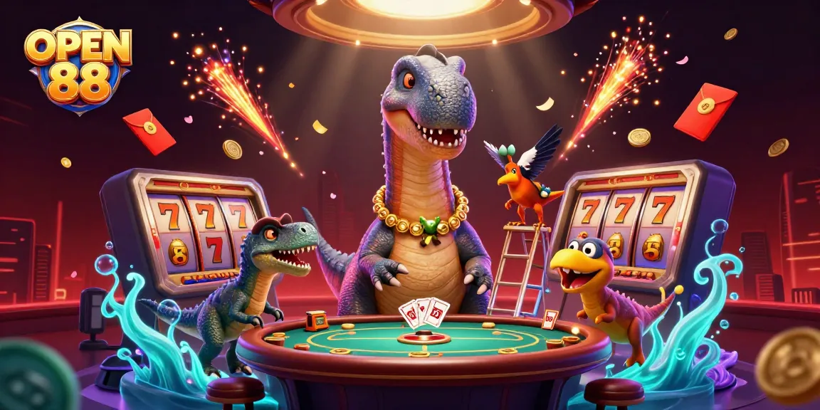 Engage with OPEN 88 as a cartoon brontosaurus peers over a poker table while a raptor deals cards.