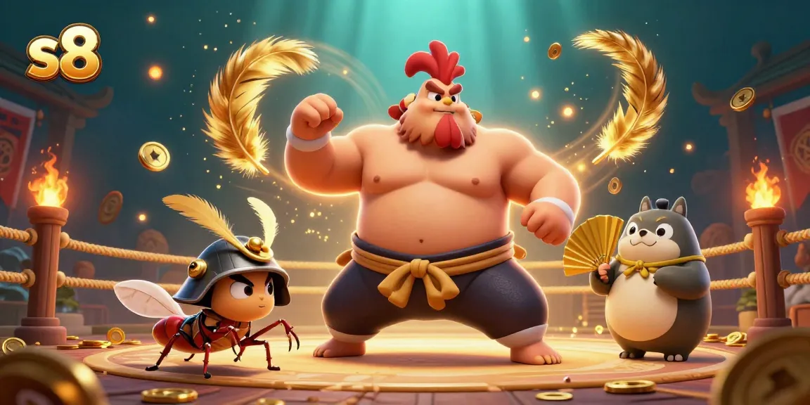 Experience the thrilling action of s8 with a powerful sumo wrestler and samurai cricket in a vibrant casino arena.