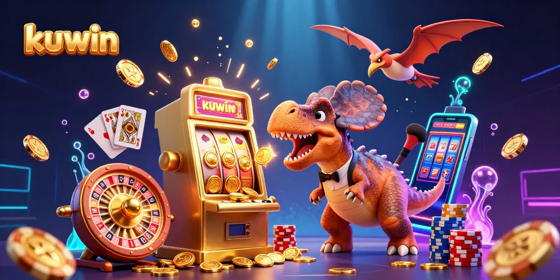 Kuwin generates excitement as a pachycephalosaurus activates a jackpot slot machine amidst flying coins, in an engaging casino scene.
