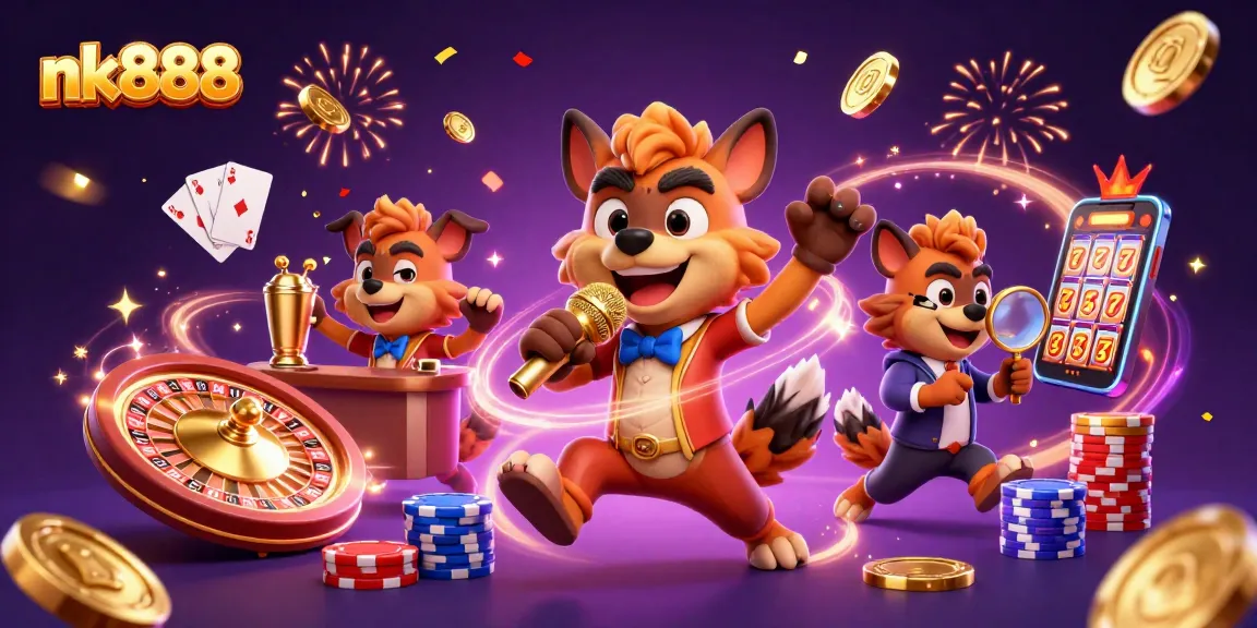 Experience nk888's thrilling casino atmosphere with hyenas entertaining in a vibrant setting.