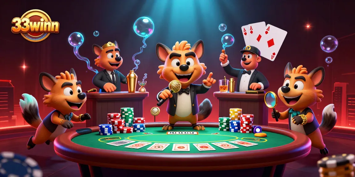 Hyenas at 33winn casino showcasing humor and fun while engaging in poker activities