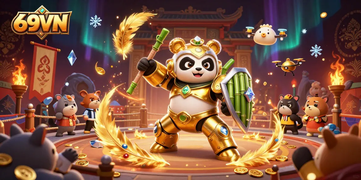 Engage in thrilling 69VN action with a mech-suit panda battling in a rich, dynamic casino arena.