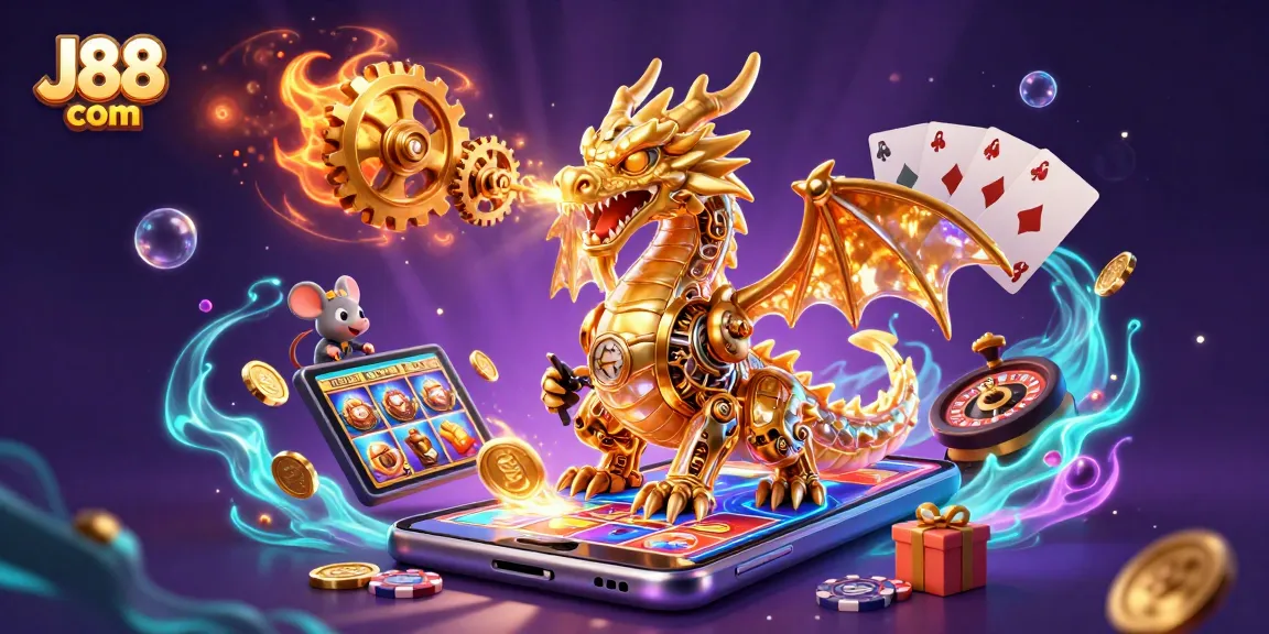 Experience thrilling gaming with J88 com as a golden dragon breathes golden gears and cogs